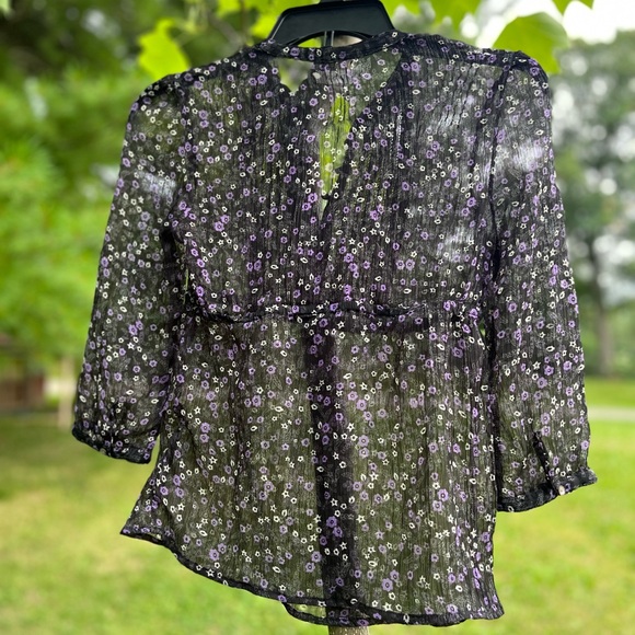 Aeropostale Sheer Flowered Juniors S Blouse 3/4 Sleeve Top Iridescent Buttons - Picture 10 of 10